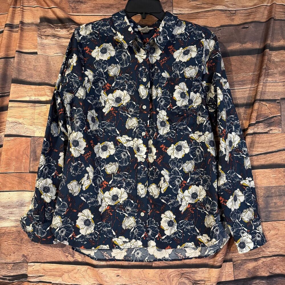 Duluth Women's L Floral Button-Up Shirt Navy Blue White Yellow Long Sleeve Top
